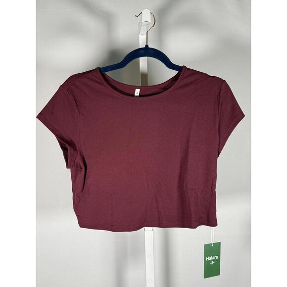 NWT Halara Cropped Short Sleeve Tee Burgundy Top Size Large - Picture 2 of 5
